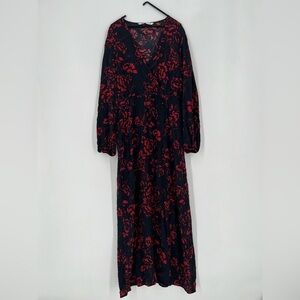 Zara Black Red Floral Rose Wrap Front High Slit Midi Dress
